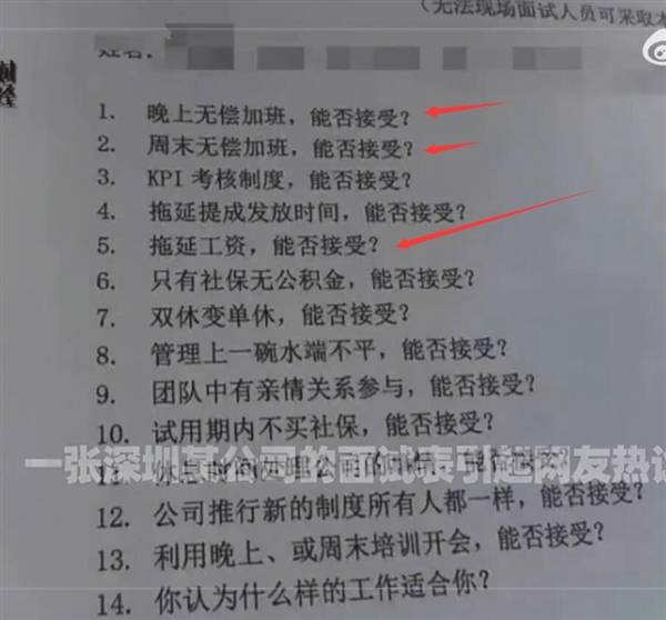 如今企业面试太直白～深圳某公司面试表引发热议：14个提问过半违法 - 万事屋